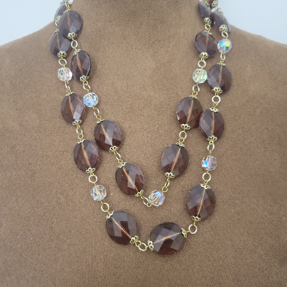 Vintage‎ West Germany Double Strand Brown Faceted Glass Bead Necklace 22"